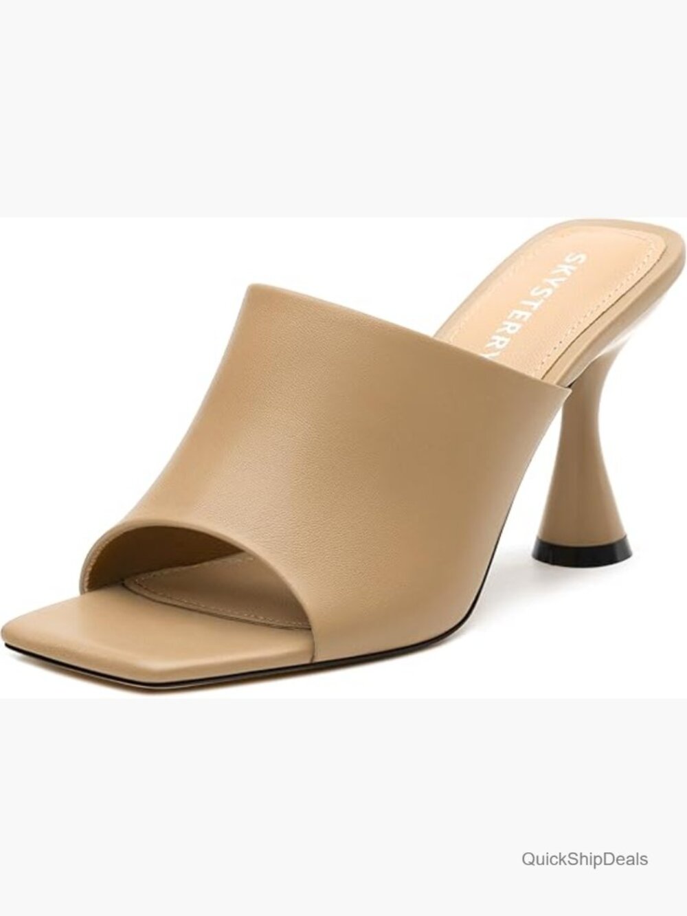 Faux Leather Heeled Mules Square Open Toe Chunky Block High Heel Sandals